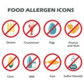 Allergen free products symbols. Food allergen icons set isolated on white background. Colorful vector illustration. Royalty Free Stock Photo